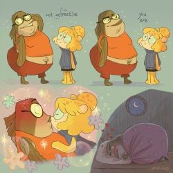 1boy 1girls anthro artist_self-insert bigpenny blush bubble_bass comic commission commission_art dialogue fat_male freckles freckles_on_face glasses hairbun kissing nervous nickelodeon nicktoons penny_(bigpenny) self_insert selfship sfw sorrrisoface spongebob_squarepants