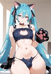 1boy 1femboy 2024 ai_generated alternate_version_available aqua_eyes aqua_hair balls bed bed_sheet belly benero blush bra bulge cat_bell cat_collar cat_ears cat_lingerie cat_paws crossdressing fake_paws femboy feminine_male frilled_bra genderswap_(ftm) girly hatsune_miku lingerie long_hair looking_at_viewer male_miku navel panties rule_63 sitting sitting_on_bed smile smiling solo standing testicles thick_thighs thighs trap twintails underwear vocaloid wide_hips