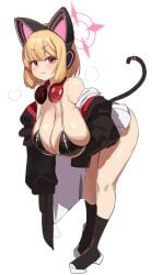 absurdres alternate_breast_size_(larger) animal_ear_headphones animal_ears bent_over bikini black_bikini black_jacket black_socks blonde_hair blue_archive blush breasts cat_tail cleavage closed_mouth commentary cosplay eimi_(blue_archive) eimi_(blue_archive)_(cosplay) fake_animal_ears female gya_rb halo headphones headphones_around_neck highres huge_breasts jacket looking_at_viewer medium_hair momoi_(blue_archive) multicolored_jacket pink_eyes pink_halo red_jacket simple_background skirt sleeves_past_fingers sleeves_past_wrists smile socks solo swimsuit tail thighs two-tone_jacket white_background white_skirt zipper_bikini