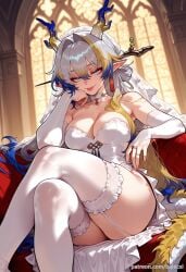 ai_generated arknights balecxi bare_shoulders blonde_hair blue_eyes blue_hair bridal_gauntlets choker cleavage crossed_legs dragon_girl dragon_horns earrings female garter_straps jewelry large_breasts long_hair looking_at_viewer multicolored_hair pointy_ears ring shu_(arknights) sitting solo thighs tongue tongue_out wedding_dress white_dress white_thighhighs