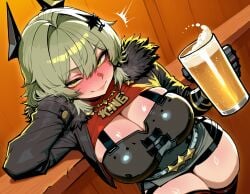 absurd_res absurdres ai_assisted ai_generated alcohol bar beer belt big_ass big_breasts big_butt big_thighs bust busty caesar_king caesar_king_(zenless_zone_zero) chest cleavage comic dialog dialogue female fully_clothed fur_trim green_hair hair_ornament indoor indoors looking_at_viewer mechanical_arm original pov sandcrop short_hair skirt smiling smiling_at_viewer straps talking_to_partner talking_to_viewer wise_(zenless_zone_zero) yellow_eyes zenless_zone_zero