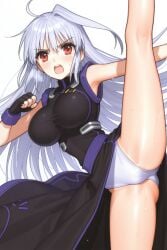 1girls ai_generated black_dress blush embarrassed female female_only long_dress long_hair lyrical_nanoha mahou_shoujo_lyrical_nanoha panties pantyshot red_eyes reinforce side_slit upskirt white_hair