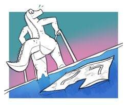 1boy anthro ass dan_(nakedgator) getting_out_of_pool male monochrome nude pool potoobrigham scalie tagme