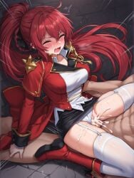ai_generated breasts closed_eyes drooling elesis_(elsword) elesis_(empire_sword) elsword empire_sword_(elsword) gangbang military panties pantyshot rape raped_female screaming uniform upskirt