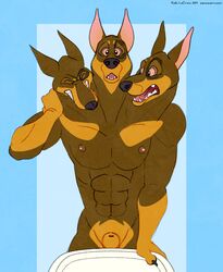 1boy 3_heads abs animal_genitalia balls canine cerberus conjoined doberman furry implied_transformation kobi_lacroix male male_focus male_only mammal mirror mitosis multi_head muscular muscular_male nude penis post_transformation sheath solo solo_focus surprise