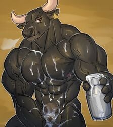 1boy abs after_masturbation anthro biceps big_muscles black_fur bovine breath cattle container cum cum_everywhere cum_in_a_cup cum_on_chest cum_on_hand cum_on_leg cum_on_stomach ear_tag emoster excessive_cum front_view fur half-length_portrait holding_object horn looking_at_viewer male male_only mammal messy milk_can muscular muscular_male nipples pecs penis portrait red_eyes simple_background solo standing vein