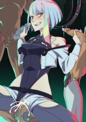 1girls 3boys angry angry_expression angry_face assisted_exposure assisted_rape balls bare_shoulders black_leotard blue_eyes blue_hair blush breasts captured captured_heroine censored clenched_teeth clothed_female_nude_male contraption cum cum_in_pussy cum_inside cum_on_breasts cum_on_face cum_on_hair cumshot cyberpunk:_edgerunners dark-skinned_male dark_room erection exposed_pussy faceless_male forced forced_exposure forced_handjob foursome frustrated gangbang gangrape green_hair handjob hi_res high_resolution highres indoors jacket kimagureninzya leotard leotard_aside light-skinned_female lucyna_kushinada masturbating_other medium_breasts mmmf_foursome mosaic_censoring multicolored_hair off_shoulder open_shorts partially_clothed penis pink_hair plug_insertion pussy rape reverse_cowgirl_position sex short_hair shorts silver_hair testicles thighhighs tube vaginal_penetration white_jacket white_shorts worried worried_expression yellow_hair