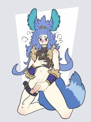 absurd_res animal_humanoid blue_body blue_fur blue_hair bodily_fluids bottomless bottomless_humanoid bottomless_male canid canid_humanoid canine canine_humanoid clothed clothing crop_top dripping erection fox_humanoid fur genital_fluids genitals hair hi_res humanoid humanoid_genitalia humanoid_penis inner_ear_fluff kneeling looking_pleasured male mammal mammal_humanoid masturbation penile penile_masturbation penis precum precum_drip precum_string shirt solo topwear tuft vein veiny_penis wide_eyed xing1