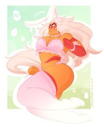 big_thighs bracelets bunny_ears bunny_girl busty cartoon_network curvy female female_only gem_(species) jasker_(artist) jasper_(steven_universe) lingerie long_hair looking_at_viewer necklace orange_skin pink_bra pink_lingerie pink_panties pink_stockings posing steven_universe stockings thighs white_hair yellow_eyes