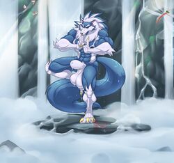 2018 4_toes 5_fingers abs animal_genitalia animal_penis anthro balls biceps blue_fur blue_hair blue_nose blue_skin canine canine_penis capcom claws closed_eyes darkstalkers digitigrade dripping_wet eyebrows fully_sheathed fur gallon gloves_(marking) hair hungothenomster jon_talbain male male_only mammal mane markings multicolored_fur multicolored_hair multicolored_skin muscular muscular_male muscular_thighs naked nipples nude pecs penis pose sheath socks_(marking) solo standing thick_penis toes two_tone_fur two_tone_hair two_tone_skin video_games water were werewolf wet wet_fur white_fur white_hair white_skin wolf yoga