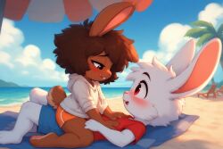 ai_generated beach bunny clothing cub female furry jaylus_ai_testing lagomorph male male/male rabbit teasing you