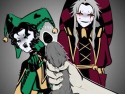 2boys anonymous_character black_hair black_hair_male black_sclera blush blush_lines buttplug buttplug_tail curly_hair curly_hair_male dog_tail fear fully_clothed funny green_eyes harlequin harlequin_(the_freak_circus) harlequin_outfit jester jester_costume jester_hat jester_outfit long_hair long_hair_male monster monster_boy nervous nervous_expression nervous_face nervous_smile nervous_sweat pierrot pierrot_(the_freak_circus) pierrot_costume self_insert shaking shivering silver_hair sweat sweatdrop sweating sweaty sweaty_face teratophilia the_freak_circus vibrating_buttplug vibrator white_hair y/n yellow_eyes