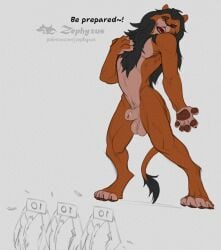 2026 ambiguous_gender animal_genitalia anthro balls biped black_mane digital_media_(artwork) digitigrade disney english_text felid fingerpads fully_sheathed fur genitals group lion male mammal mane multicolored_body multicolored_fur nude_anthro nude_male open_mouth open_smile orange_body orange_fur pantherine pawpads paws scar_(the_lion_king) sheath smile solo_focus tail tail_tuft tan_balls tan_body tan_fur tan_sheath text the_lion_king tuft zephyxus