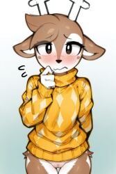 ai_generated anthro antlers blush bottomless deer deer_girl embarrassed juniper_(tower_heroes) pattern_clothing pussy roblox simple_background stable_diffusion sweater tower_heroes