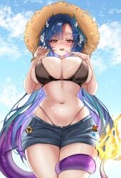 1girls absurdres big_breasts bikini black_bikini blue_hair blush breasts breasts_squeezed_together brown_eyes cloud cloudy_sky colored_inner_hair curtained_hair curvy day dragon_girl dragon_horns dragon_tail eyelashes female fingernails fire flame-tipped_tail forehead from_below gradient_hair grey_pants hashtag-only_commentary hat highleg highleg_bikini highres horns huge_breasts indie_virtual_youtuber large_breasts long_hair looking_at_viewer massive_breasts miuq_chan multicolored_hair navel open_mouth outdoors pants purple_hair short_shorts shorts sky solo sparkle sparkling_aura stomach straight-on straw_hat swimsuit tail tail_wrap thick thighs vienna_(farmer)_(vtuber) vienna_(vtuber) virtual_youtuber vtuber