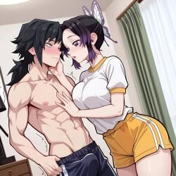 1boy 1boy1girl ai_generated alluring artist_request bedroom big_breasts big_penis big_thighs black_hair blue_eyes blush bulge bulge_through_clothing bulge_under_clothes couple curvaceous curvaceous_female curvy curvy_body curvy_female curvy_figure demon_slayer female flowproduction gym_clothes gym_shorts gym_uniform heterosexual kimetsu_no_yaiba kochou_shinobu male male/female muscular muscular_body muscular_male pre_sex preparation preparing shorts straight tomioka_giyuu violet_eyes