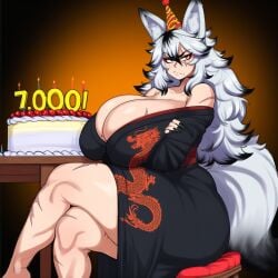 1girls 2d ai_generated animal_ears arms_under_breasts ass big_ass big_breasts big_butt big_thighs birthday_cake black_hair black_kimono black_nails breasts cake candle cleavage crossed_arms crossed_legs eyeshadow food fox_ears fox_girl fox_tail gigantic_breasts gigigens hat huge_ass huge_breasts huge_butt huge_thighs japanese_clothes kimono large_ass large_breasts large_butt large_thighs long_hair looking_at_viewer makeup massive_breasts mature mature_female milestone_celebration milf mole multicolored_hair off_shoulder party_hat red_eyes scar scar_on_face scars scars_all_over sitting solo table tail thick_ass thick_butt thick_thighs thighs tsukiko_(gigigens) white_hair