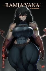 2026 abs artist_signature bandaged_arm belt belt_around_boobs big_breasts black_hair borrowed_character digital_drawing_(artwork) digital_media_(artwork) english_text gold_bracelet hi_res high_resolution japanese_text looking_at_viewer muscular muscular_arms muscular_female muscular_thighs ramia-yana ramia_(ramia-yana) references scar scared_face scars scars_all_over simple_background smirk text thick_thighs tight_clothing unkempt_hair white_woman wirelixe