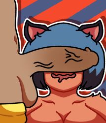 absurd_res animal_humanoid anthro balls big_breasts big_penis blue_hair brand_new_animal breasts brown_body brown_fur canid canine digital_media_(artwork) duo erection female fur genitals hair hi_res humanoid inudarkk male male/female mammal michiru_kagemori nude open_mouth penis raccoon_dog simple_background smile studio_trigger tanuki these_aren't_my_glasses vein