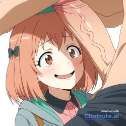 1girl 2d age_difference ai_assisted ai_generated anime_coloring brown_eyes brown_hair cable_knit cock_shock collared_dress confused curvy eyelashes fear female girl green_hat grey_cardigan hair_ornament huge_balls huge_penis long_sleeves pink_dress sasaki_chiho scared short_hair size_difference smile upper_body vaginal_penetration weird white_background
