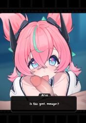 1boy absurdres aria_(zenless_zone_zero) blue_eyes censored commentary cross-shaped_pupils english_commentary english_text fellatio female green_hair hair_between_eyes highres licking licking_penis looking_at_viewer lucasyecla99 mosaic_censoring oral paid_reward_available penis pink_hair pov quad_tails straight symbol-shaped_pupils testicles zenless_zone_zero