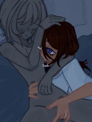 bed bite blue_eyes brown_hair brown_skin fingering fingering_partner fingering_pussy fingers grey_body grey_hair hand_on_waist jericho_ichabod male patting_head spread_legs staring_at_partner sucking_nipples the_kid_at_the_back