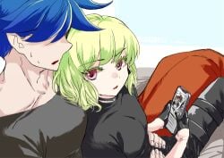 2boys choker collar femboy femboy_focus galo_thymos gay grabbing_waist lio_fotia male on_lap petite petite_body petite_male promare questionable size_difference slim slim_male slim_waist solo_focus suggestive sweat tight_clothing twink waist_grab wholesome yaoi