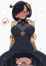1boy 1girls absurdres ahoge black_bodysuit black_hair blush bodysuit commentary_request cowgirl_position emma_(pokemon) female game_freak gradient_background grey_background heart highres impossible_bodysuit impossible_clothes maruichi_pepeto matiere_(pokemon) matiere_(pokemon_legends:_z-a) motion_lines nintendo open_mouth penetration pokemon pokemon_legends:_z-a sex short_hair skin_tight solo spoken_heart straddling torn_bodysuit torn_clothes vaginal_penetration