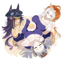 1boy 3girls ahoge anger_vein arm_behind_back beach blonde_hair blush bow cap closed_eyes doll_dol1 female fenomeno_(umamusume) gold_ship_(umamusume) hairbow hand_on_hip harem hat head_between_breasts horse_ears horse_girl horse_tail long_hair male multicolored_hair orange_hair orfevre_(umamusume) purple_eyes purple_hair sweat swimsuit tail tic_tac_toe trainer_(umamusume) umamusume white_hair