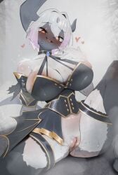 absol absurd_res anthro biped black_clothing breasts clothed clothing eyelashes female generation_3_pokemon genitals hi_res nintendo pokemon pokemon_(species) pupils simple_background smile solo spread_legs spreading thick_thighs tp10 vulva