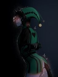 1boy black_hair black_sclera blush blush_lines blushing_ass blushing_at_viewer blushing_male buttplug buttplug_in_ass buttplug_tail buttplug_vibrator cat_ears cat_tail cat_tail_buttplug catboy curly_hair curly_hair_male green_eyes hands_behind_back harlequin harlequin_(the_freak_circus) harlequin_outfit jester jester_costume jester_hat jester_outfit lube lube_drip lube_in_ass monster monster_boy pantsless shaking shivering standing submissive_male teratophilia the_freak_circus vibrating_buttplug vibrator vibrator_in_ass white_body white_skin