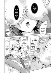 blonde_hair breast_press brown_hair mira_(peachpulsar) moaning pussy yuri