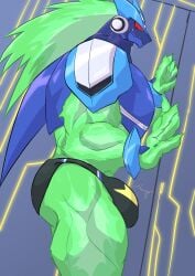 abs absurd_res alien anthro armor barazoku biceps big_bulge big_muscles bulge capcom clothing cybernetics cyborg detailed_bulge em_being geryorias green_body hi_res machine male mega_man_(series) mega_man_star_force muscular muscular_anthro muscular_male omega-xis open_mouth red_eyes solo underwear