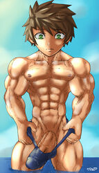 1boy abs male_only mlm4anemone muscles original_character penis seaside wet