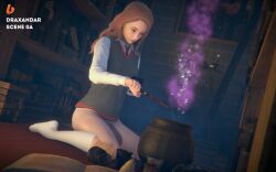 3d brewing cauldron draxandar female harry_potter hermione_granger hogwarts legs magic potions sitting solo underwear white_panties witch