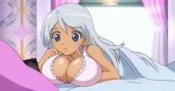 ai_generated anime at background bakugan bakugan_battle_brawlers bakugan_new_vestroia bed big_breasts blue blush bra breasts cleavage curtains detailed down edit edited_screencap eva_gen_ai18 eyes female hair julie_heyward julie_makimoto large lighting long looking lying mouth open pillow ruffles soft style viewer white_hair