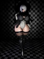 1girls 3d arumikirumi big_breasts blindfold breasts clothing female female_only huge_breasts light-skinned_female light_skin nier nier:_automata short_hair solo thick_thighs thighhighs white_hair yorha_2b
