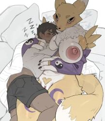 anthro areola ass bandai_namco biped bottomwear breasts clothed clothing digimon digimon_(species) female fur genitals hi_res human human_on_anthro interspecies jingzhou14848 larger_female lying male male/female mammal nipples on_back pillow renamon size_difference sleeping smaller_male thick_thighs topwear vulva yellow_body