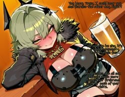 absurd_res absurdres ai_assisted ai_generated alcohol bar beer belt big_ass big_breasts big_butt big_thighs bust busty caesar_king caesar_king_(zenless_zone_zero) chest cleavage comic dialog dialogue female fully_clothed fur_trim green_hair hair_ornament indoor indoors looking_at_viewer mechanical_arm original pov sandcrop short_hair skirt smiling smiling_at_viewer straps talking_to_partner talking_to_viewer wise_(zenless_zone_zero) yellow_eyes zenless_zone_zero
