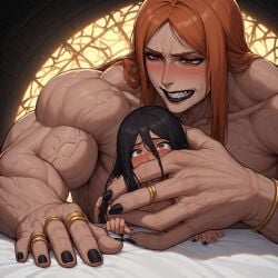 ai_generated big_dom_small_sub futanari giantess giantess_futa ginger lara_valkhalla larger_female mounting muscular_female muscular_futa pale-skinned_female pinning_down red_eyes submissive_female valkhalla veins veiny