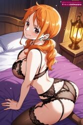 ai_assisted ai_generated arched_back ass bangs bed bed_sheet black_bra black_panties black_thighhighs blush bra breasts brown_eyes cleavage closed_mouth earrings female female_only garter_belt indoors jewelry kneeling large_breasts lingerie long_hair looking_at_viewer nami_(one_piece) nami_\\\\\\\\(one_piece\\\\\\\\) on_bed one_piece orange_eyes orange_hair panties pillow smile solo stelmazura thighhighs twintails underwear underwear_only