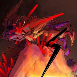 1:1 anthro blood blood_splatter bodily_fluids bone bone_mask breasts claw_(weapon) claws clip_studio_paint_(artwork) demon digital_media_(artwork) drooling duo feathers female female/female fire fur genital_fluids genitals gore hell hi_res horn mask melee_weapon nervouslybrave pain polearm punishment purple_body purple_feathers red_body red_fur sadism sadistic_smile saliva scared skull skull_mask spike_nipples spiked_tail spikes spikes_(anatomy) stab straddling tail torture trident vaginal_fluids vulva weapon wings