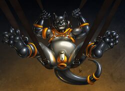 1boy agent_(artist) ass big_ass big_belly bodysuit bondage bound chastity chastity_cage chubby feet feline furry harness latex looking_at_viewer male mammal overweight overweight_male rubber spread_legs suspension text thick_thighs watermark wide_hips