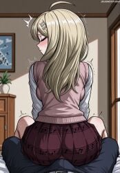 1boy ahoge ai_generated akamatsu_kaede artist_name ass backboob belt black_pants blonde_hair blush breasts bulge closed_eyes closed_mouth clothing cowgirl_position danganronpa_(series) danganronpa_v3 danganronpa_v3:_killing_harmony eighth_note erection erection_under_clothes female from_behind grey_shirt hair_ornament indoors jousneystudio large_breasts long_hair long_sleeves looking_back male miniskirt musical_note musical_note_hair_ornament musical_note_print on_bed on_top pants pink_vest pleated_skirt potted_plant purple_skirt red_skirt school_uniform sex shirt sitting sitting_on_person skirt solo_focus straddling straight sweat sweater_vest trembling vest white_shirt
