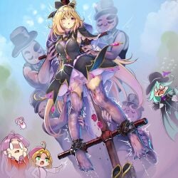 1boy 3girls akechi_anna black_dress blonde_hair blush boots breasts commentary cure_arcana_shadow dress full_body highres kobayashi_mikuru long_hair magical_girl medium_breasts meitantei_precure! monikano moria_luluka multiple_girls nijee one_eye_closed pochi-tan precure purple_eyes purple_thighhighs pussy_juice restrained solo_focus thighhighs unworn_boots