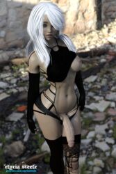 1futa 3d areolae big_breasts breasts curvy elyria_steele erect_nipples futa_only futa_sans_balls futanari half-erect hand_on_hip intersex large_breasts large_penis looking_at_viewer navel nier nier:_automata nipples one_breast_out panties penis penis_out realistic solo solo_futa thighhighs veiny_penis white_hair yorha_a2