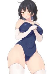 1girl black_hair blush breasts closed_mouth commentary_request covered_navel curvy dated_commentary elbow_gloves fang from_side gloves groin highres large_breasts looking_at_viewer original shinonon_(iso_shino) short_hair simple_background skin_fang skindentation solo thighhighs white_background white_gloves white_thighhighs yellow_eyes