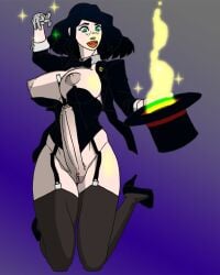 1futa artist_request big_breasts big_penis black_hair futa_only futa_with_pussy futanari green_eyes magic magical_girl no_ai no_balls nylon_stockings nylons object_insertion penis simple_background vagina zatanna zatanna_zatara