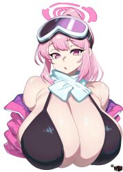 blue_archive cleavage eimi_(blue_archive) eimi_(swimsuit)_(blue_archive) female female_only goggles huge_breasts jacket long_hair looking_at_viewer mewmaster93 parted_lips pink_eyes pink_hair