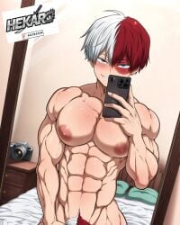 1boy ai_generated exhibitionism hekaro hunk light-skinned_male male male_only muscular_male muscular_twink my_hero_academia pervert pubic_hair selfie shouto_todoroki solo solo_male sweat twink younger_male